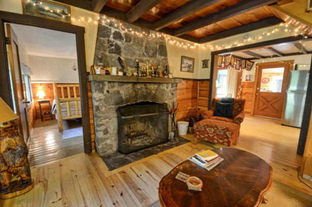 Mt. Hood National Forest cabin stone fireplace