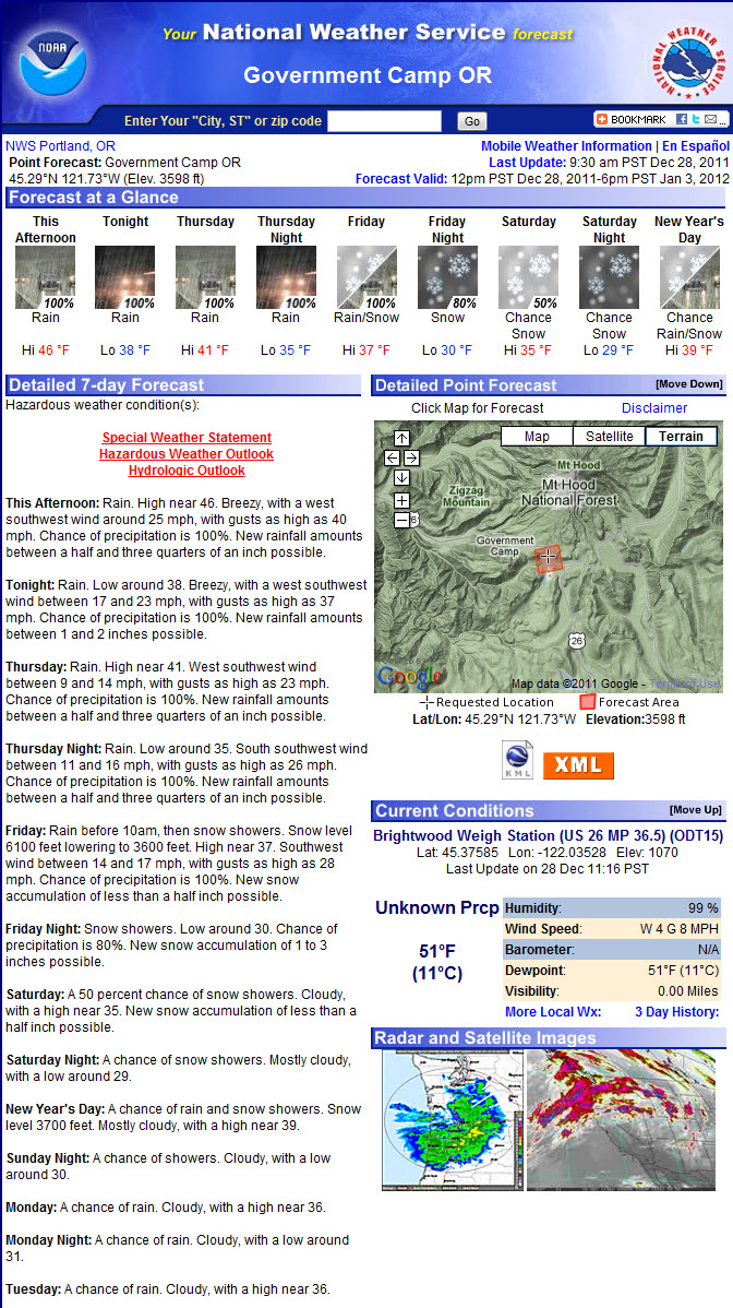 New Years on Mt. Hood weather forecast for Government Camp