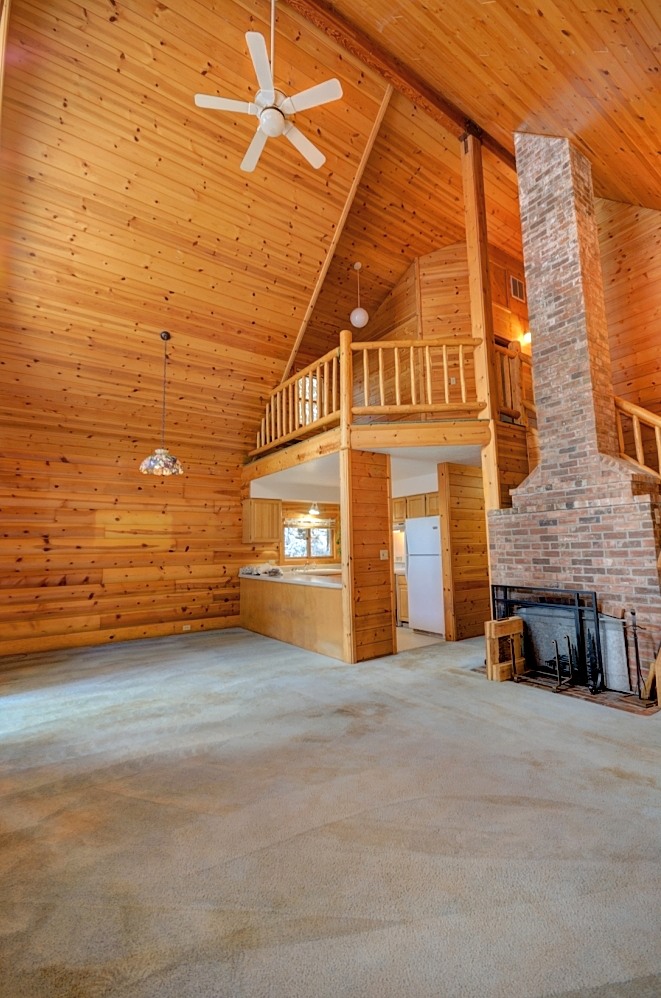 Pine Ceilings and Fireplace in the Mt. Hood Log Cabin on 10 Acres in Rhododenron, Oregon