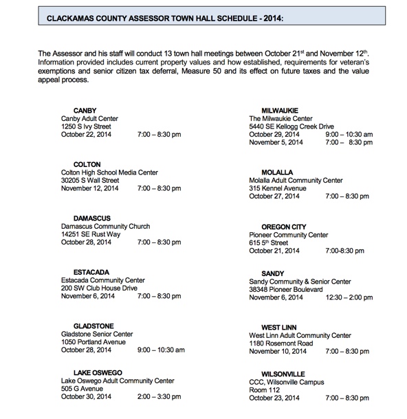 Clackamas County Town Hall Meetings for Tax Assessor Questions