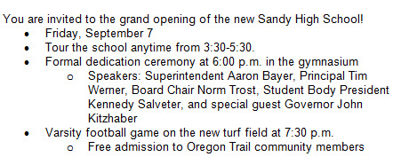 Sandy High School Grand Opening Schedule