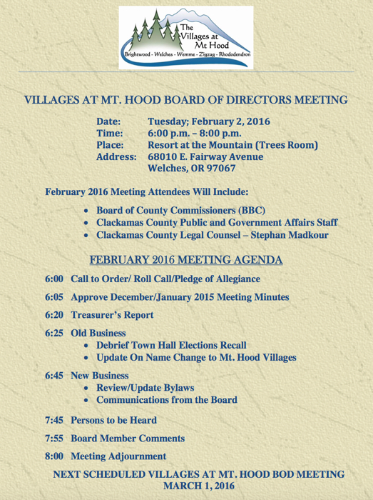 Villages at Mt. Hood Board of Directors Meeting in Welches Oregon