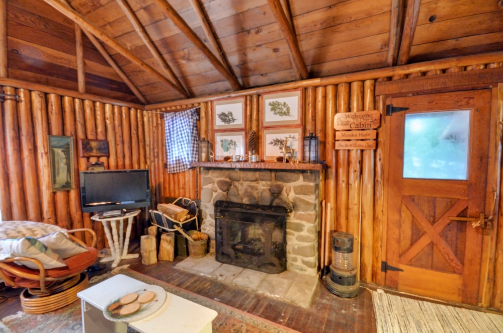 Stone Fireplace in this Brightwood Oregon Steiner Log Cabin