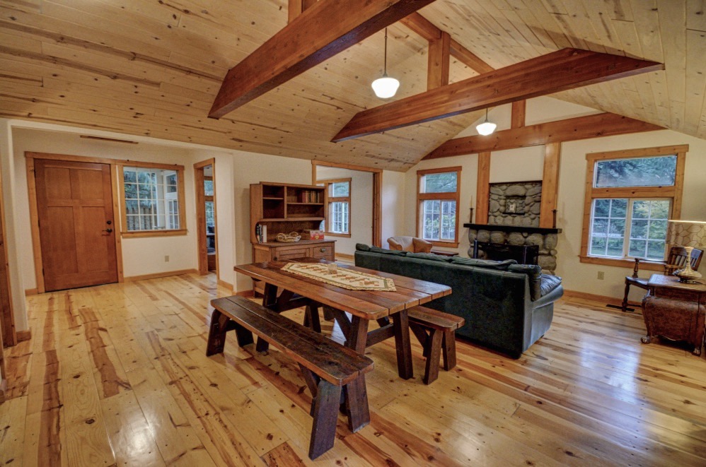 Plank Floors and wood beams in this Cascade Mt. Hood Cabin