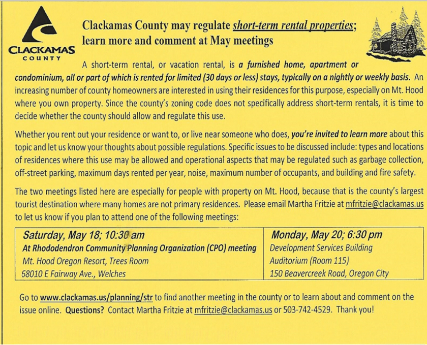 Clackamas County Meeting concerning Vacation Rentals